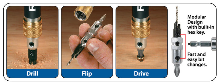 Diagram showing the 4-in-1 drill and driver drilling, then you flip it, and drive the screw. Modular design with built in hex key that allows fast and easy bit changes.