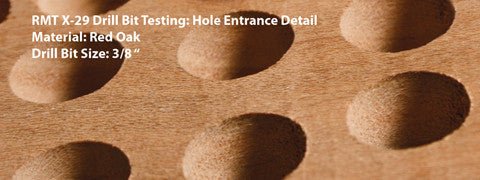 image to show the clean holes drilled in red oak with 3/8 inch X29 brad point drill bit