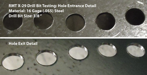 Image showing the clean quality of hole entrance and exit in 16 gage steel with the X29 brad point drill bit